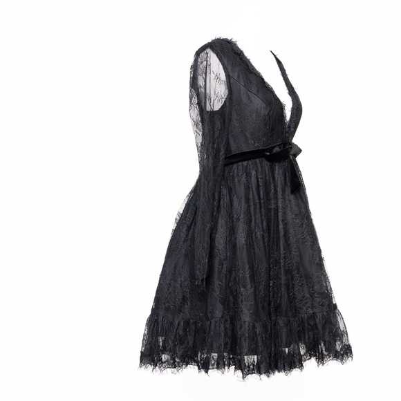 Mac Duggal - Black Long Sleeve Deep V Lace Babydoll Dress - Picture 11 of 13